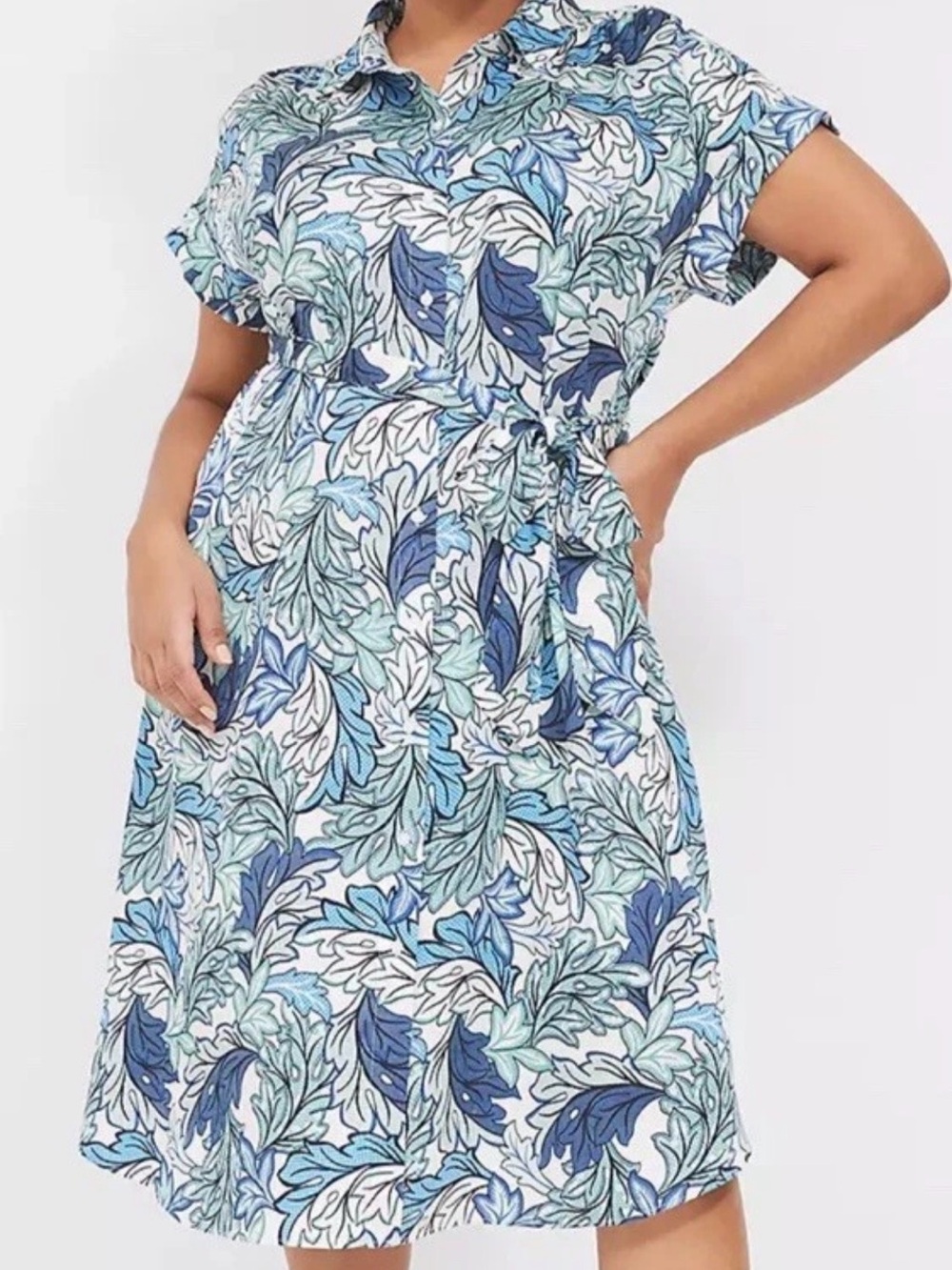 Lane Bryant Blue and White Leaf-Print Tie-Waist Dress Sz 18
